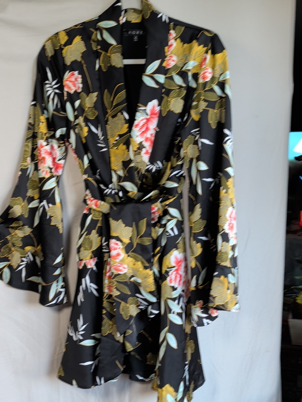 Floral Wrap Long-Sleeve Dress in Black with Gold & Pink Accents Boho Satin Mini